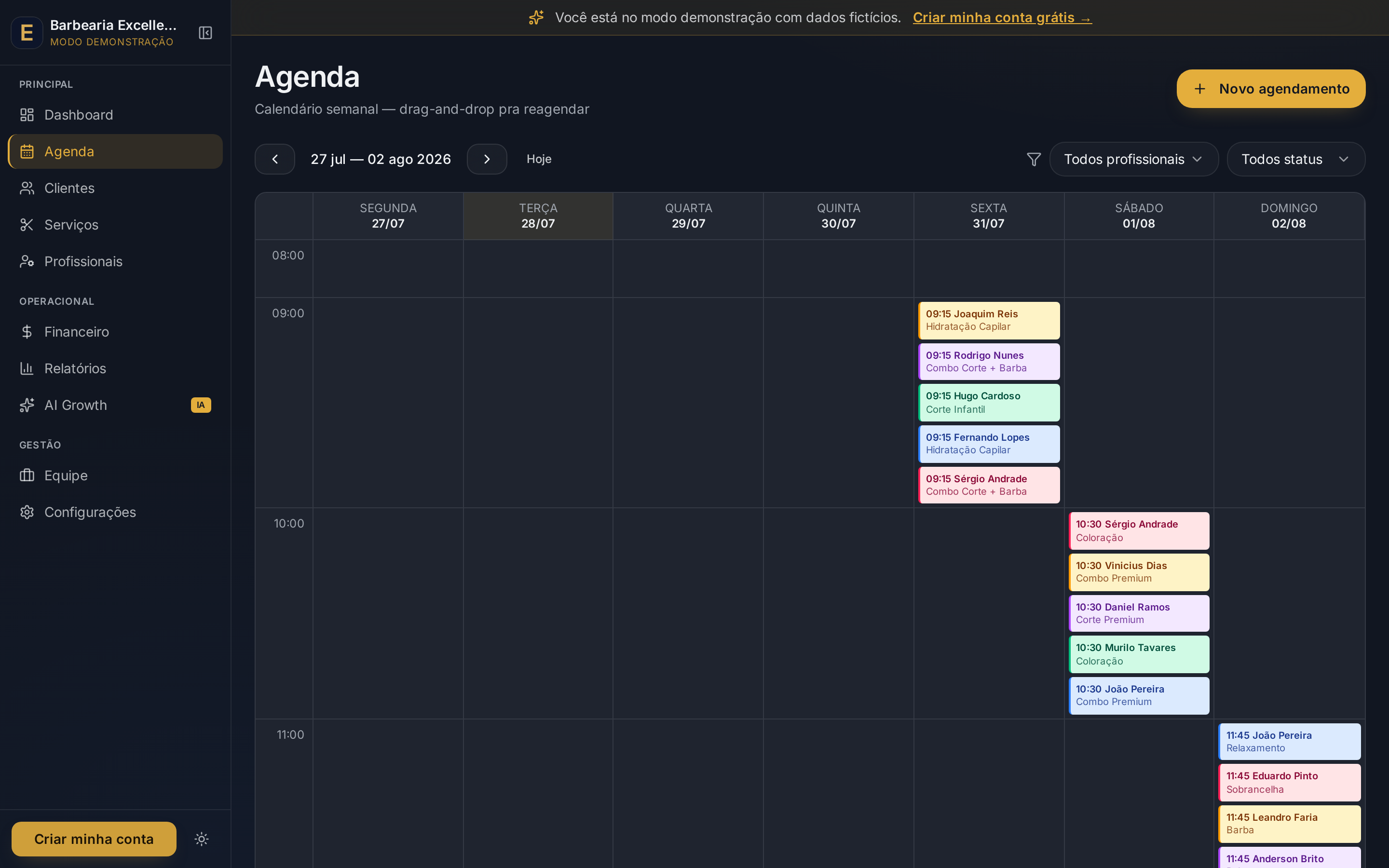 Agenda visual do Eleva Barber com colunas por profissional